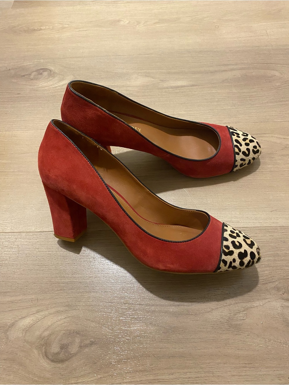 Shoes of Prey Red/Beige Suede Animal Print Block Heel Cap Toe Pump Shoes Size 10